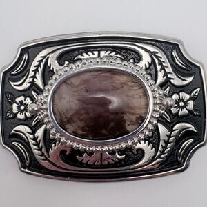 Beautiful Silver and Black Floral Buckle with Agate Center Stone